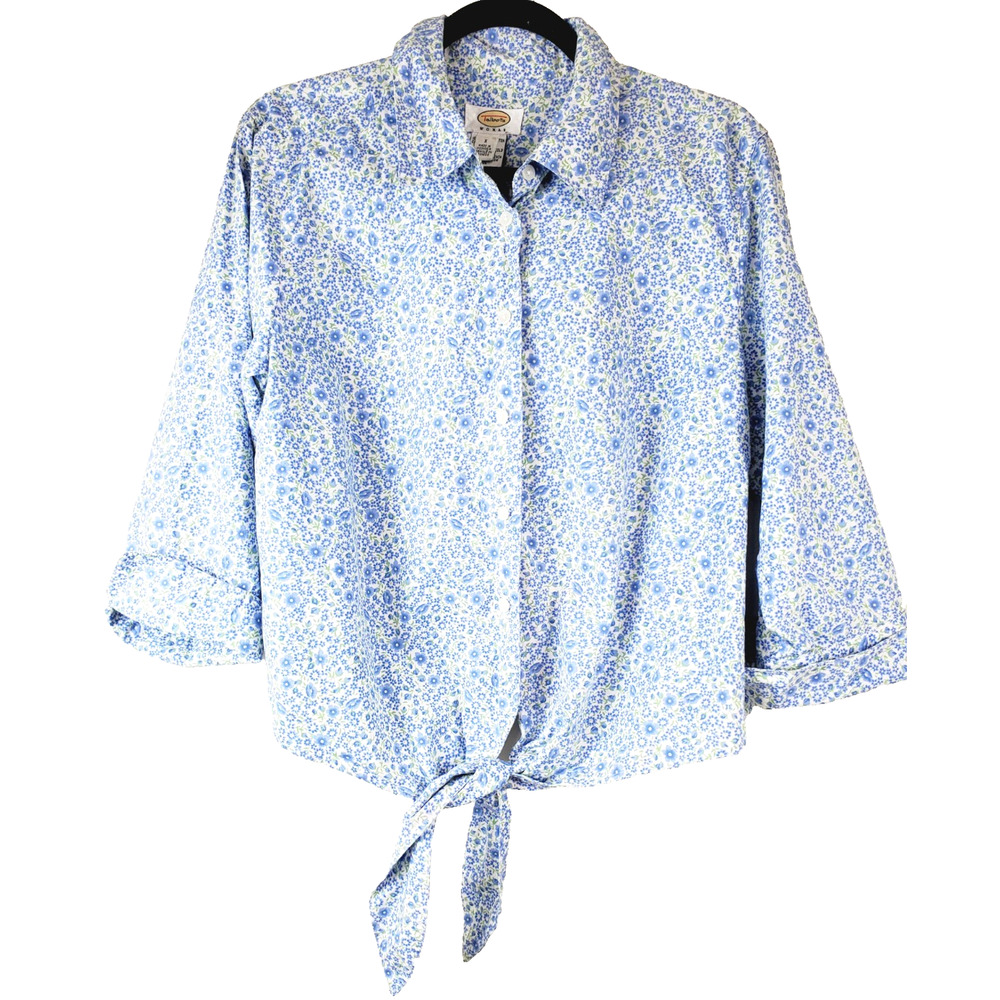 Talbots Womens X White Floral Button Up Long Sleeve Top KNOTTED FRONT‎ Cotton XL